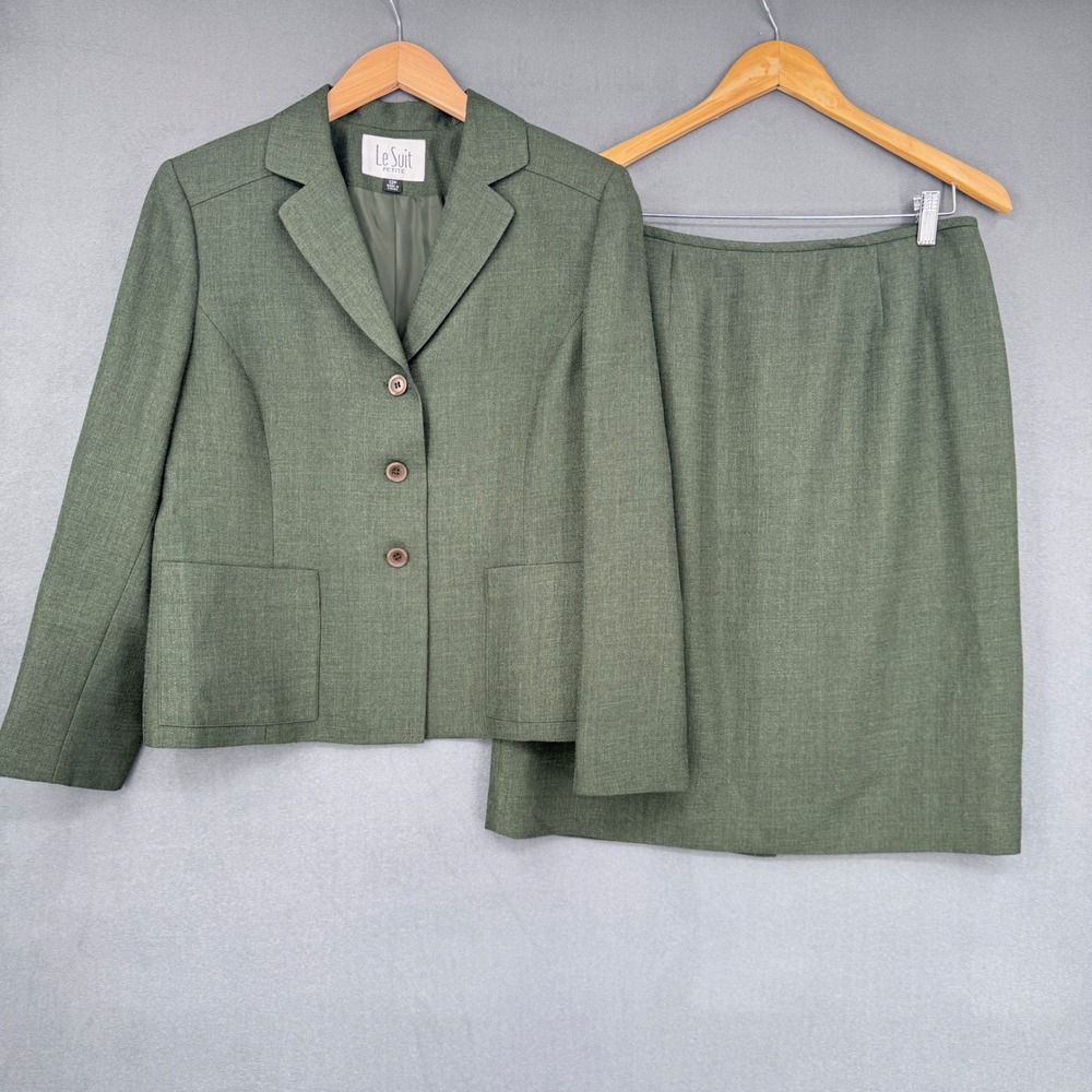 Le Suit Skirt Suit Womens 12P Green 2 Piece Blazer Pencil Skirt Professional Set